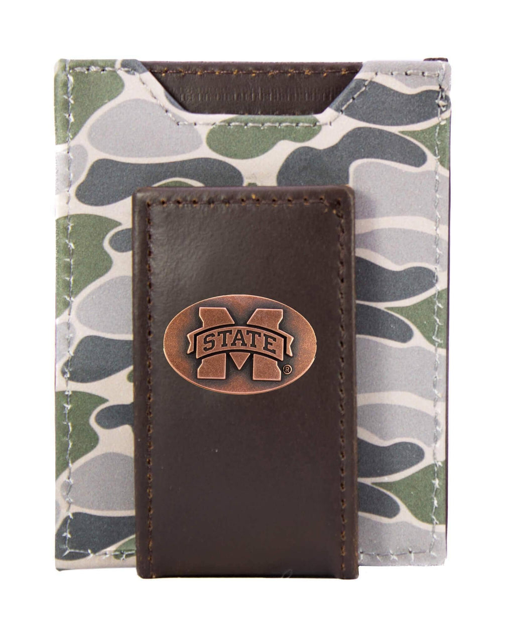 MSU Bulldogs Men's Magnetic Front Pocket Old School Camo Leather Wallet.