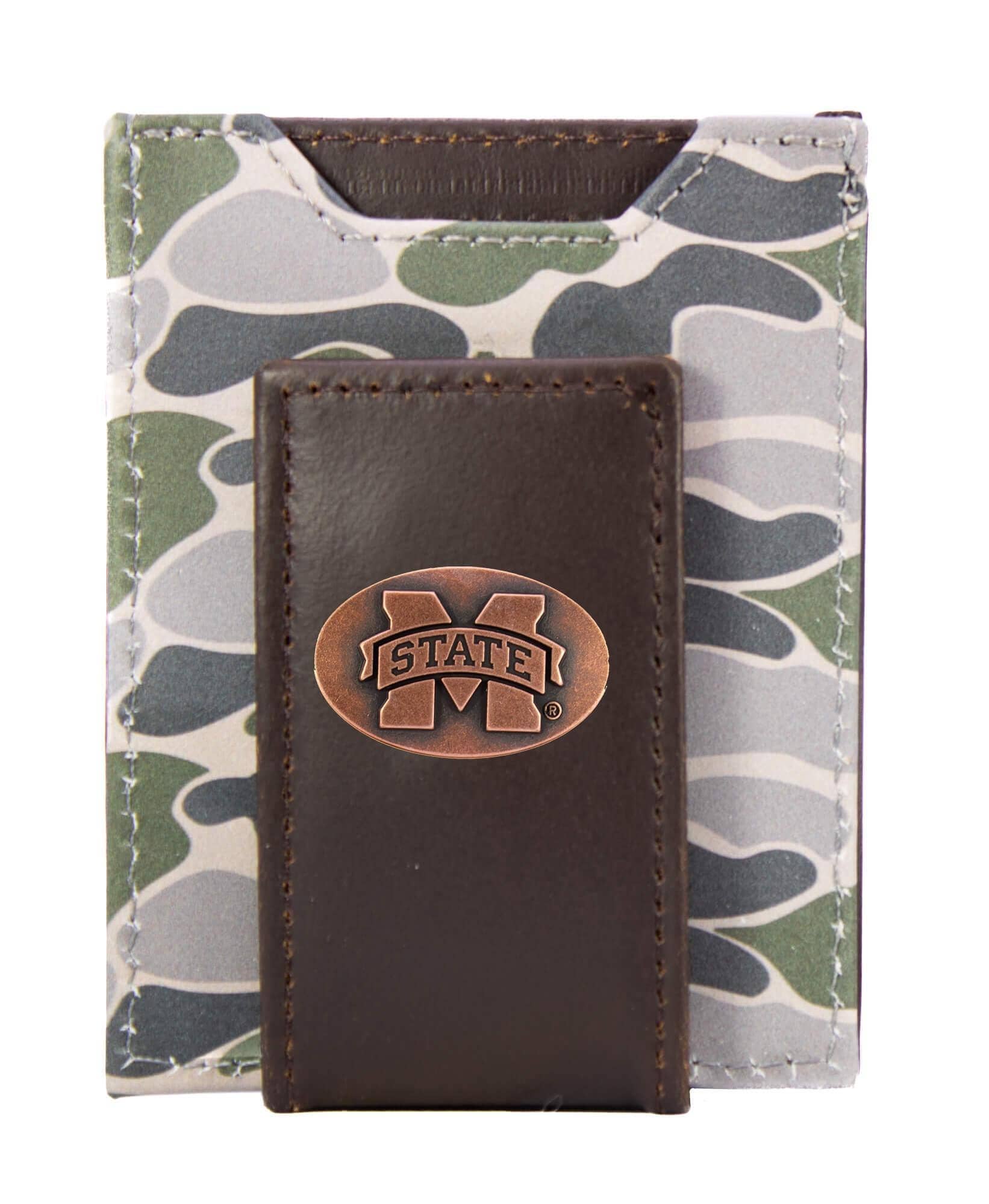 MSU Bulldogs Men's Magnetic Front Pocket Old School Camo Leather Wallet.