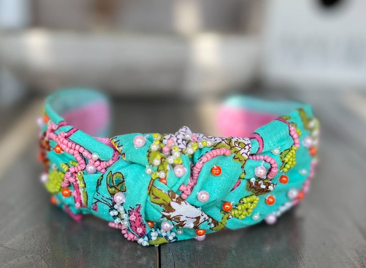 Lilly Aqua Floral Top Knot Seed Beaded Headband