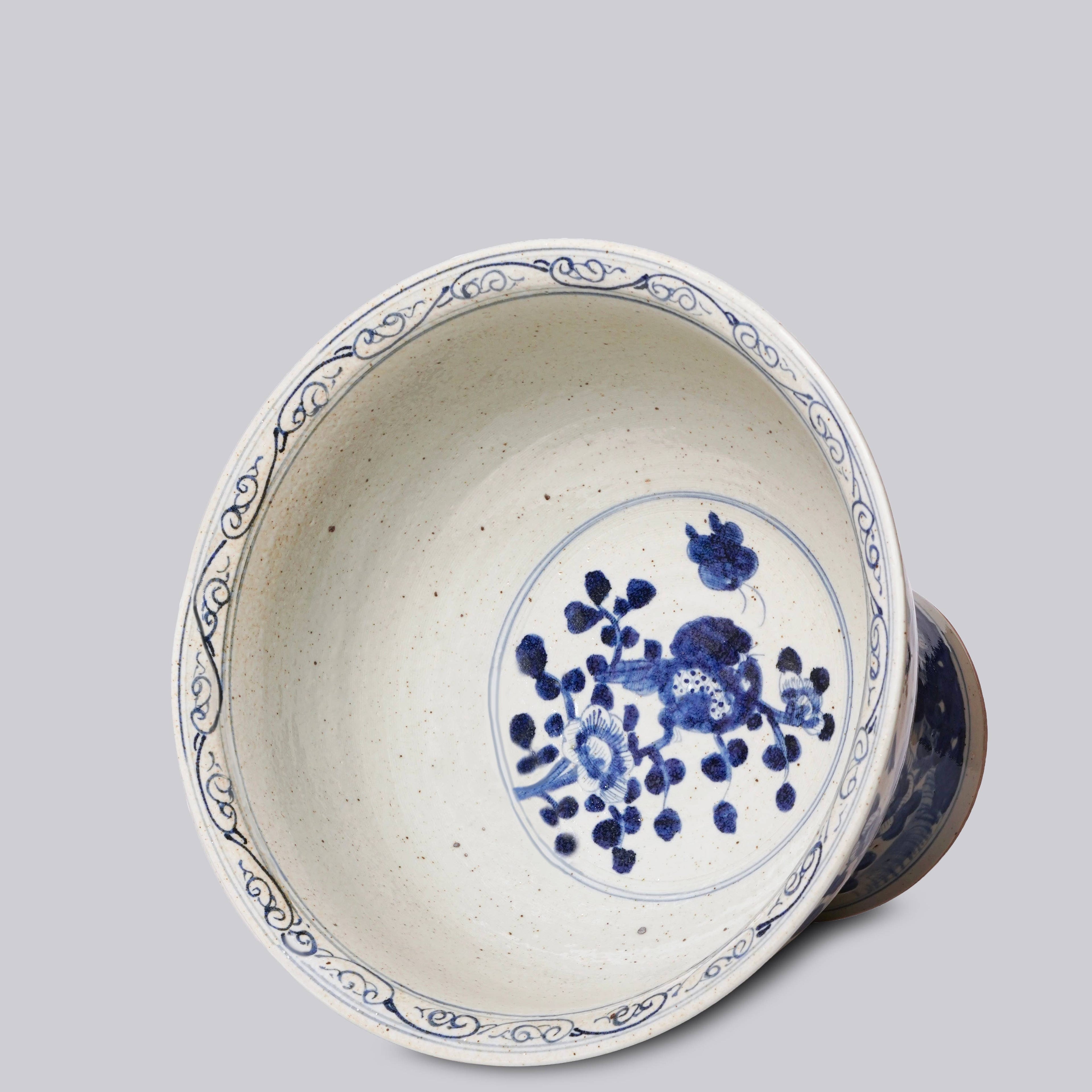Blue and White Porcelain Bird and Flower Footed Bowl