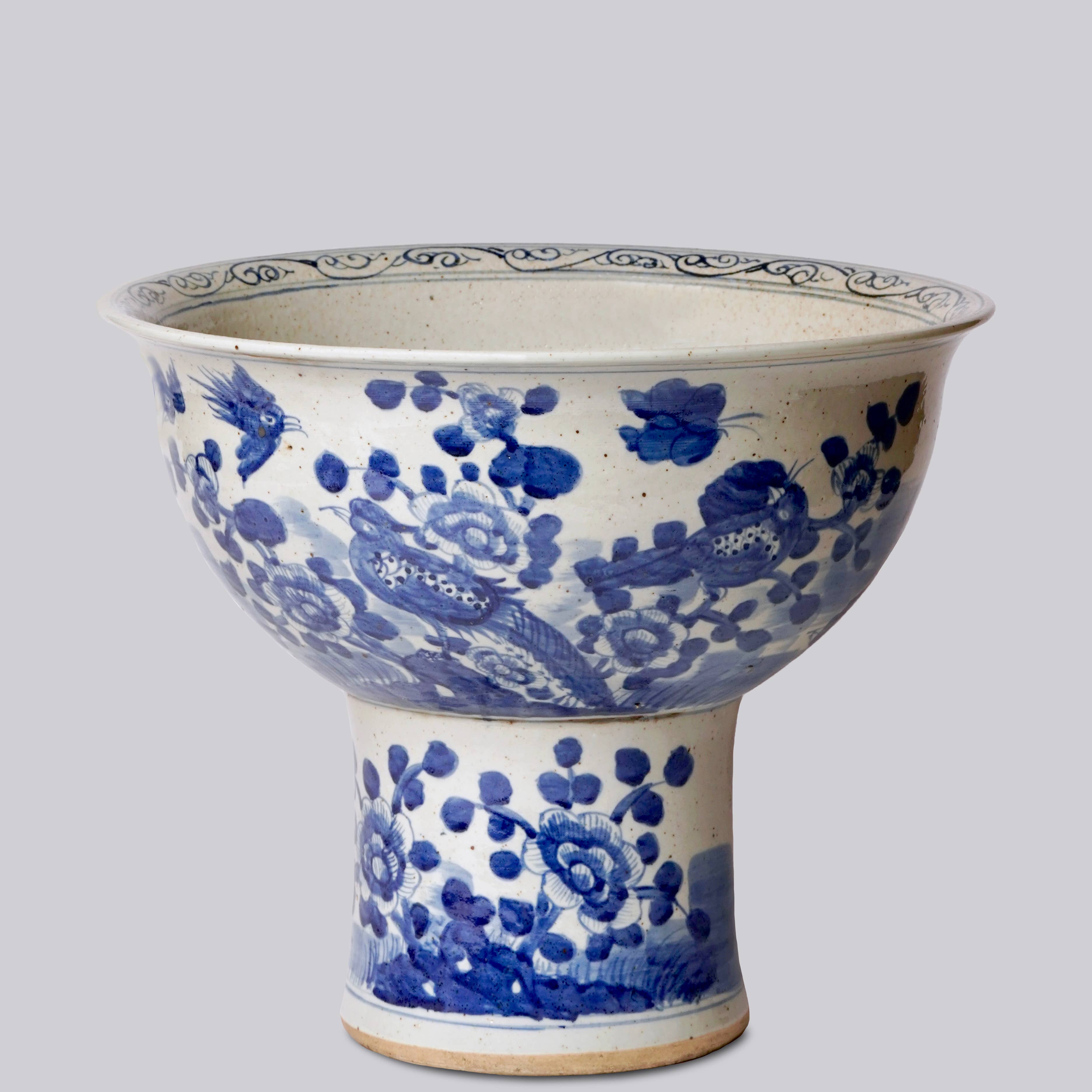 Blue and White Porcelain Bird and Flower Footed Bowl