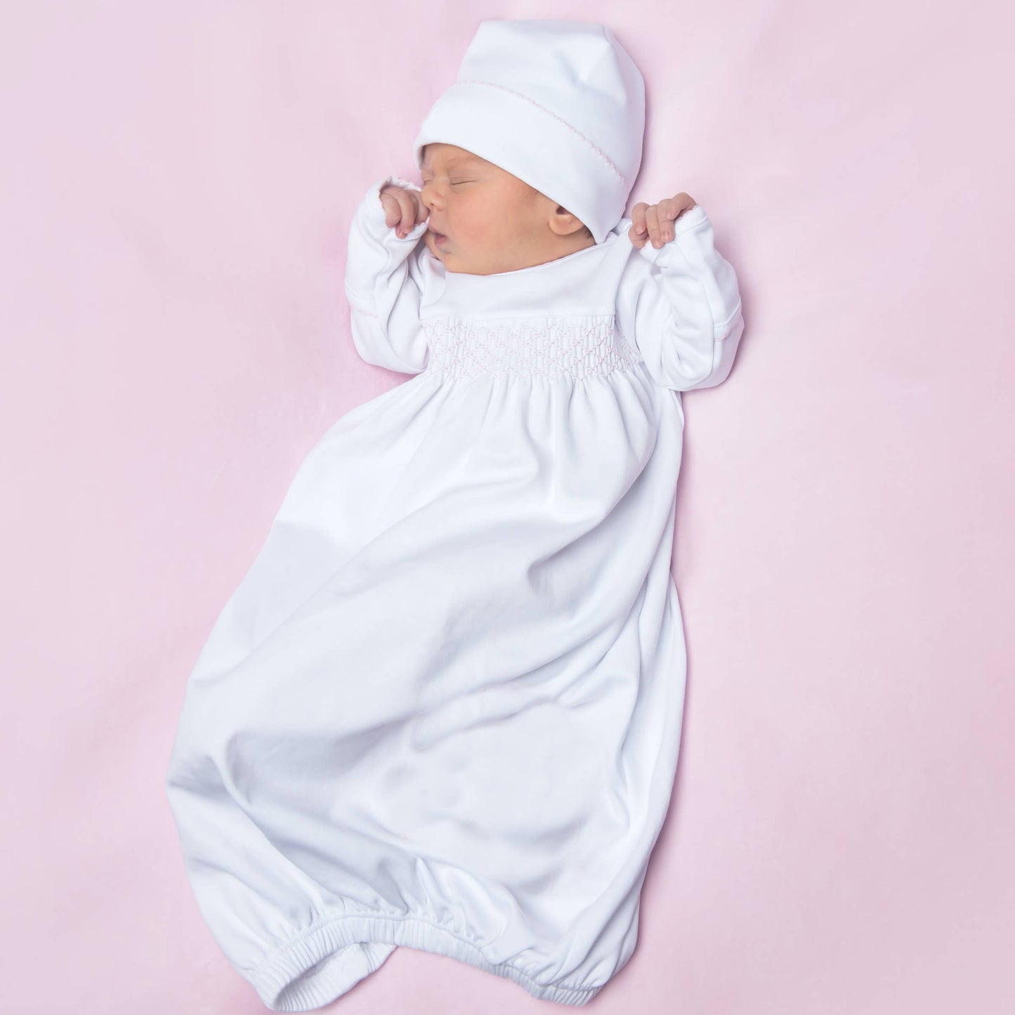 Solid Essentials White Pink Smocked Gown