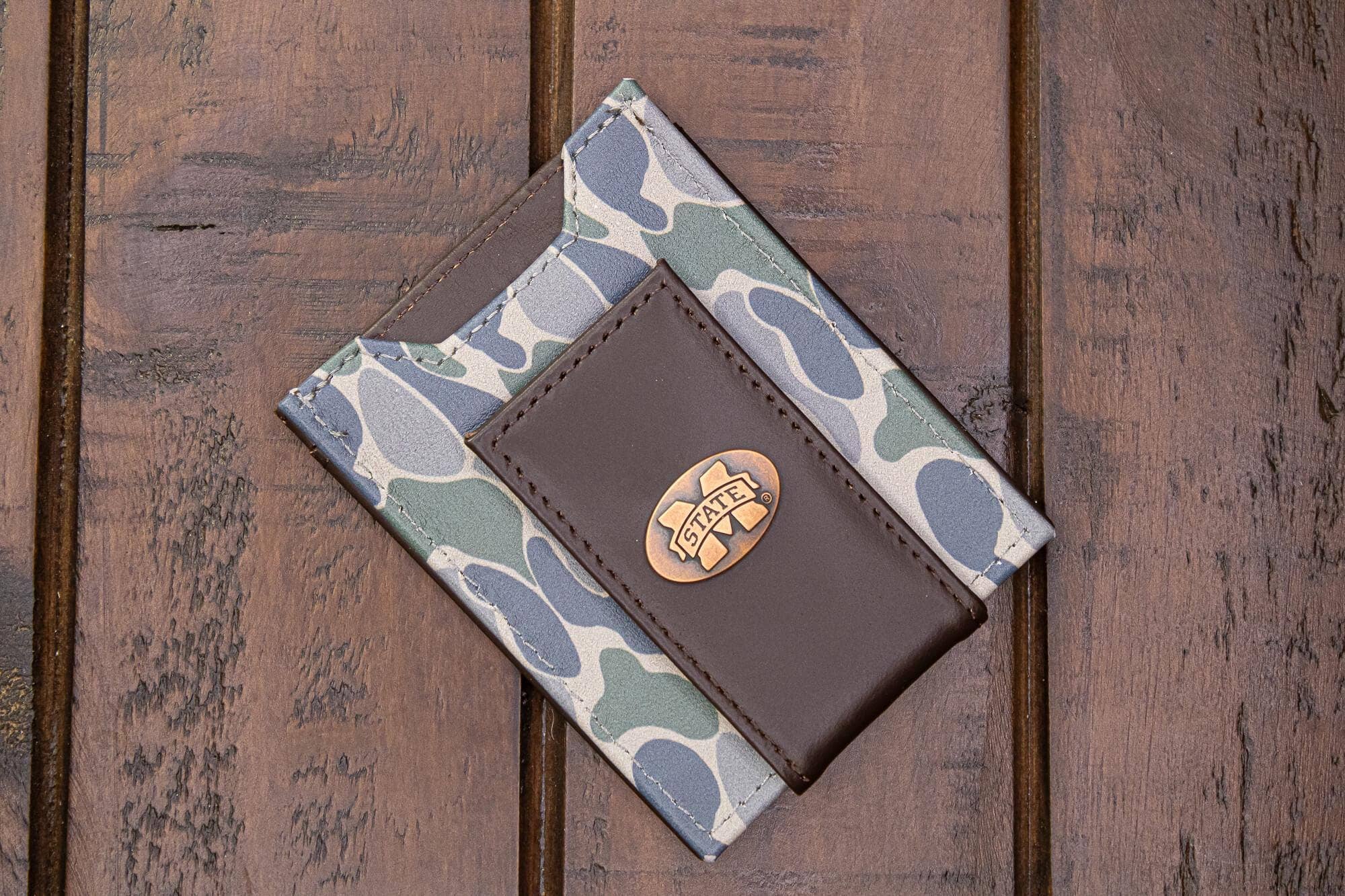 MSU Bulldogs Men's Magnetic Front Pocket Old School Camo Leather Wallet.