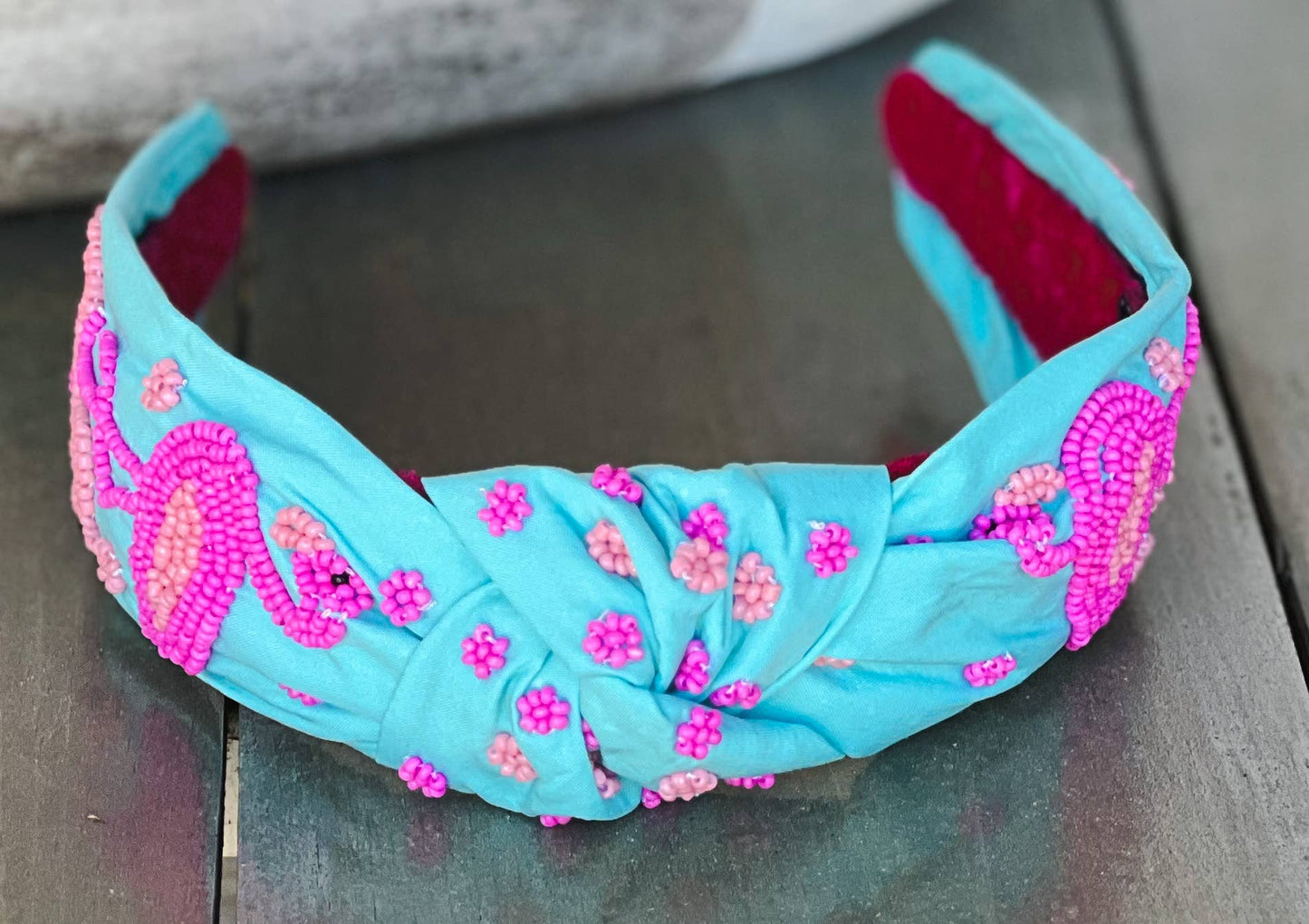 Flamingo Seed Beaded Turquoise Turban Headband