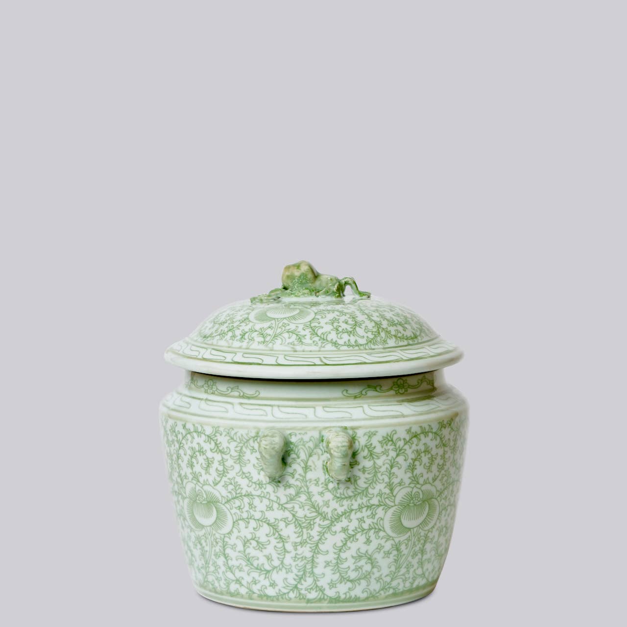 Green and White Porcelain Scrolling Peony Lug Jar