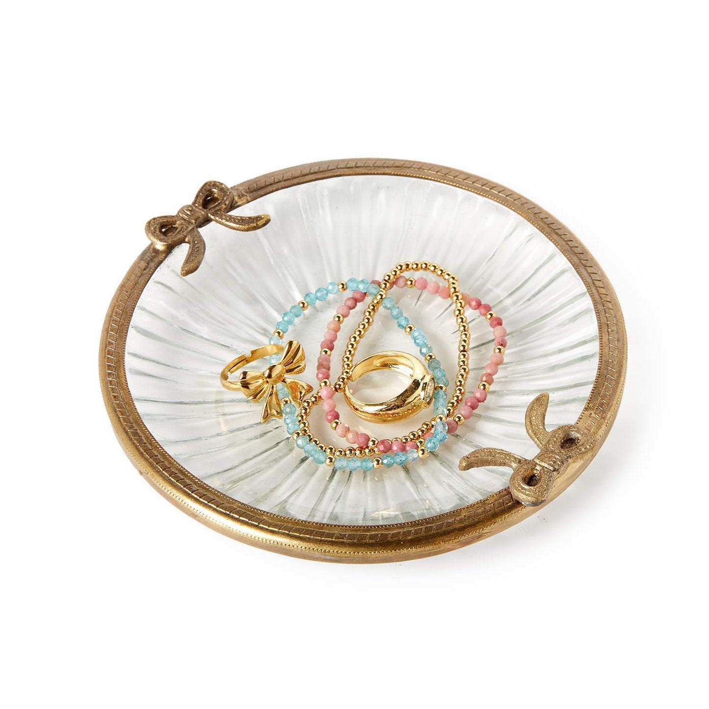 Antique Gold Finish Round Glass Trinket Tray w/Bow Accent