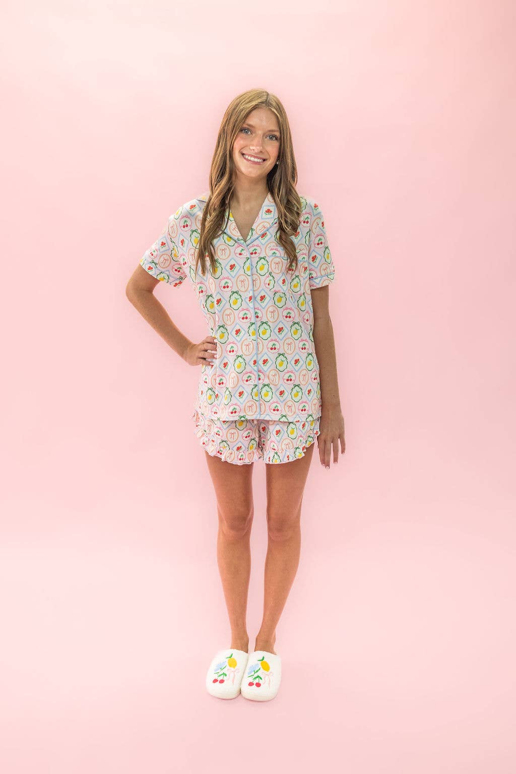 Fruit Cocktail Ruffle Hem Shorts Pajama Set