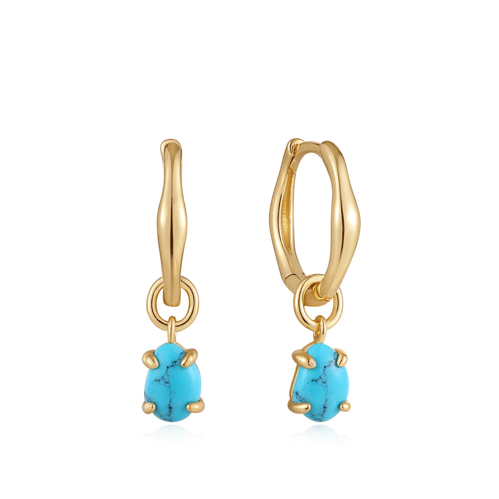 gold turquoise drop wave huggie hoop earrings