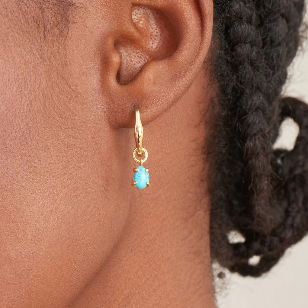 gold turquoise drop wave huggie hoop earrings