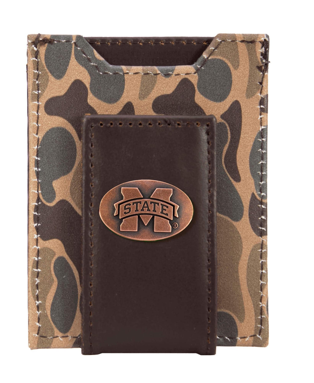 MSU Bulldogs Men's Magnetic Front Pocket Old School Camo Leather Wallet.