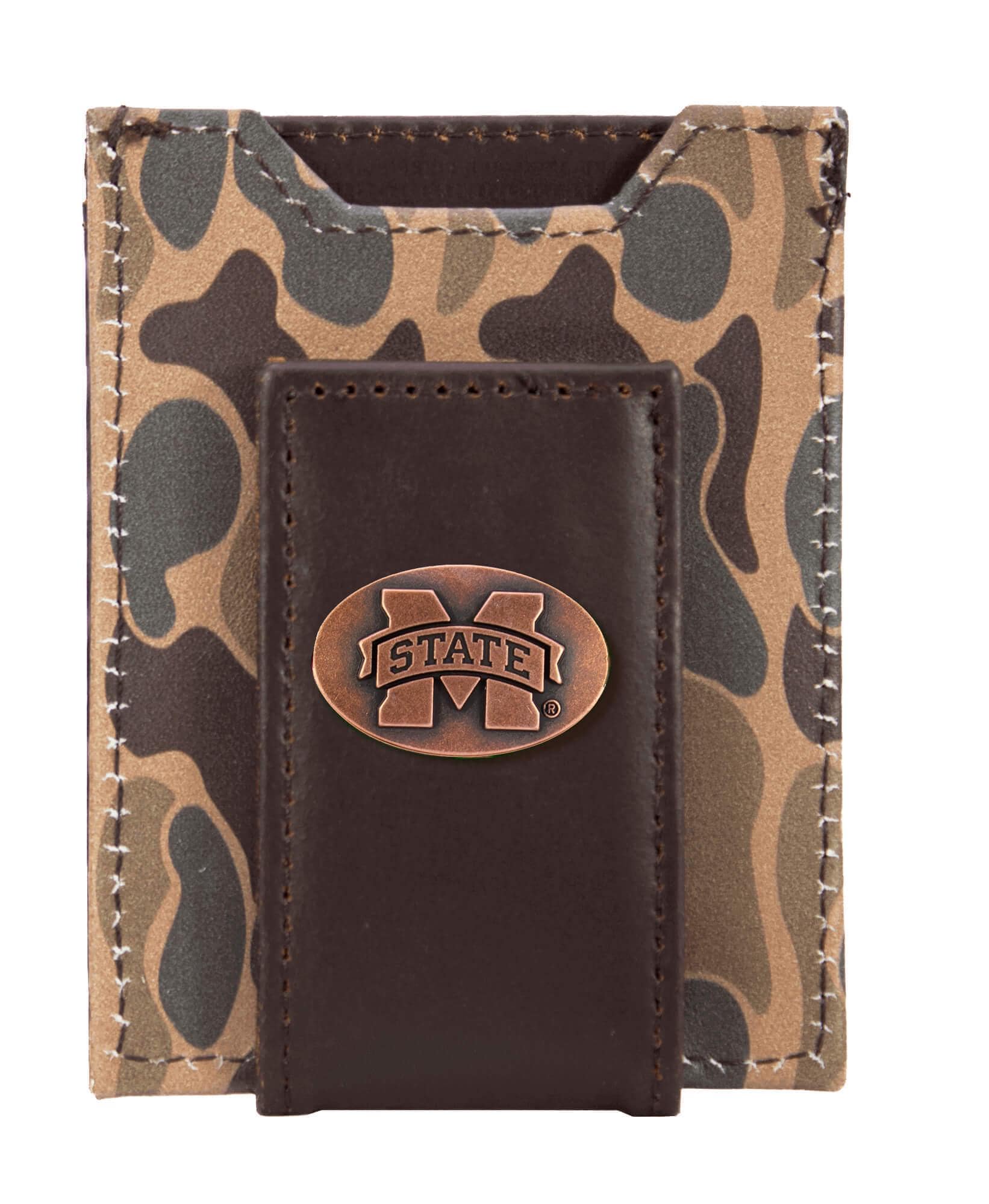 MSU Bulldogs Men's Magnetic Front Pocket Old School Camo Leather Wallet.