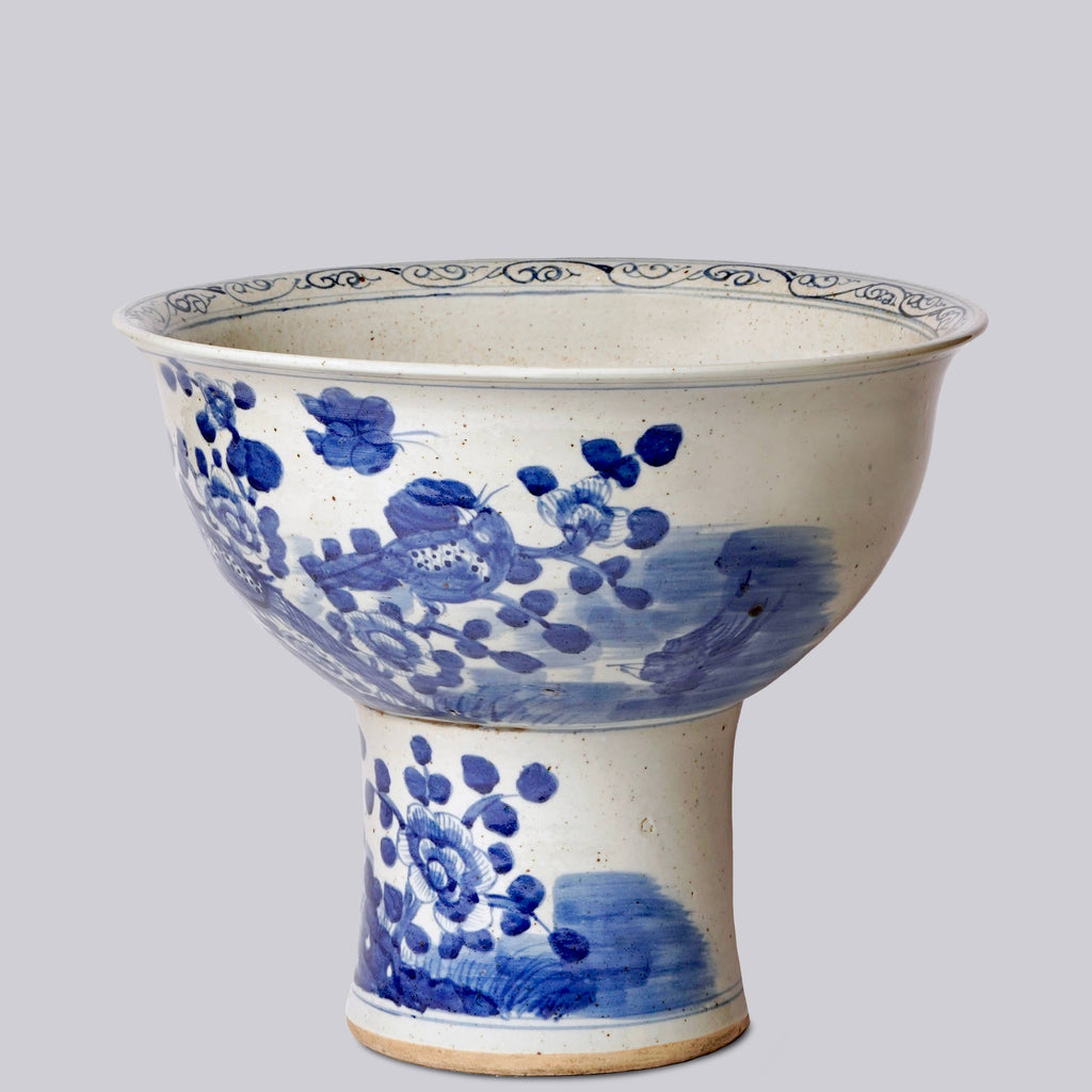 Blue and White Porcelain Bird and Flower Footed Bowl