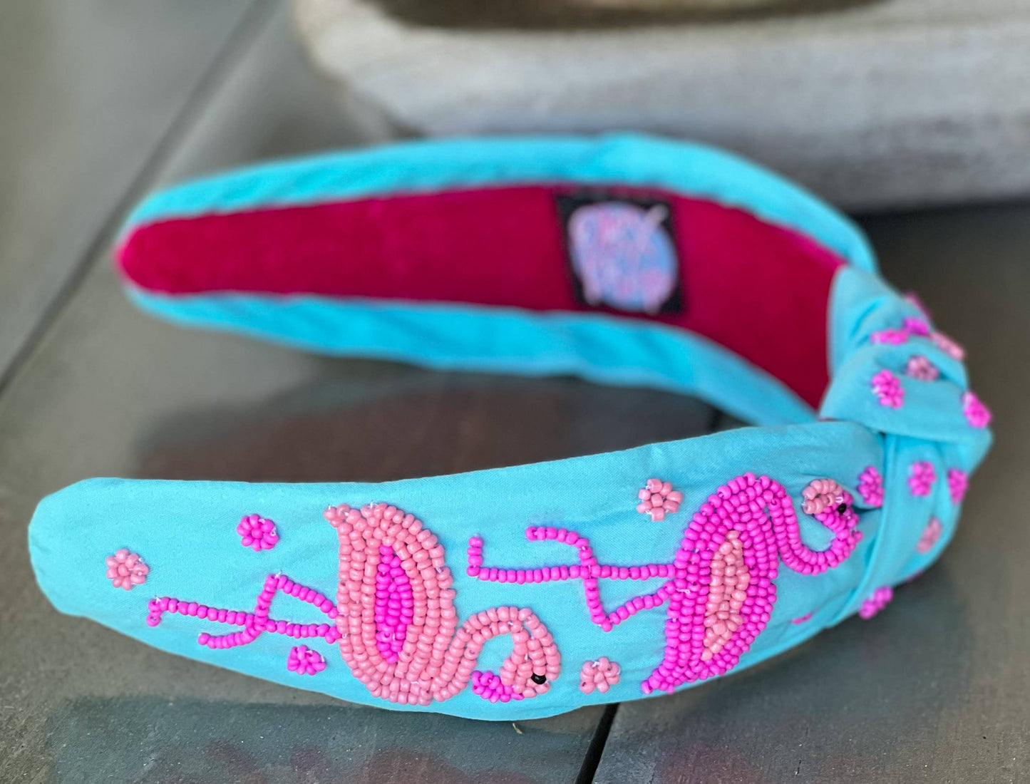 Flamingo Seed Beaded Turquoise Turban Headband